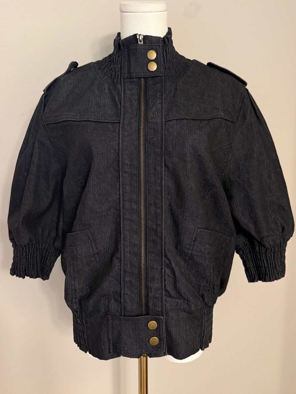 ASHRO Dark Denim Puff Sleeve Jacket Size 16 | Ruched Collar Statement Zip Coat
